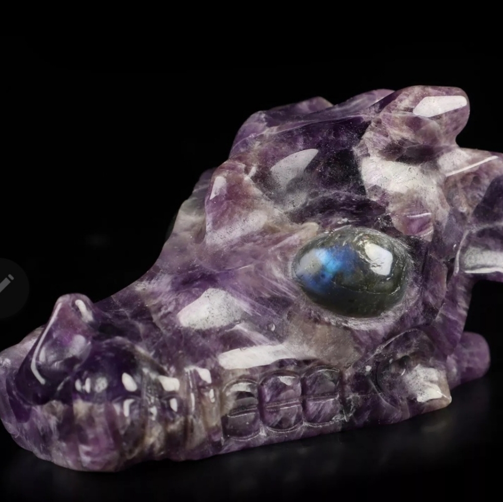 3.7" Dream Amethyst Dragon Skull, 277g, Labradorite eyes, Amazing, New!